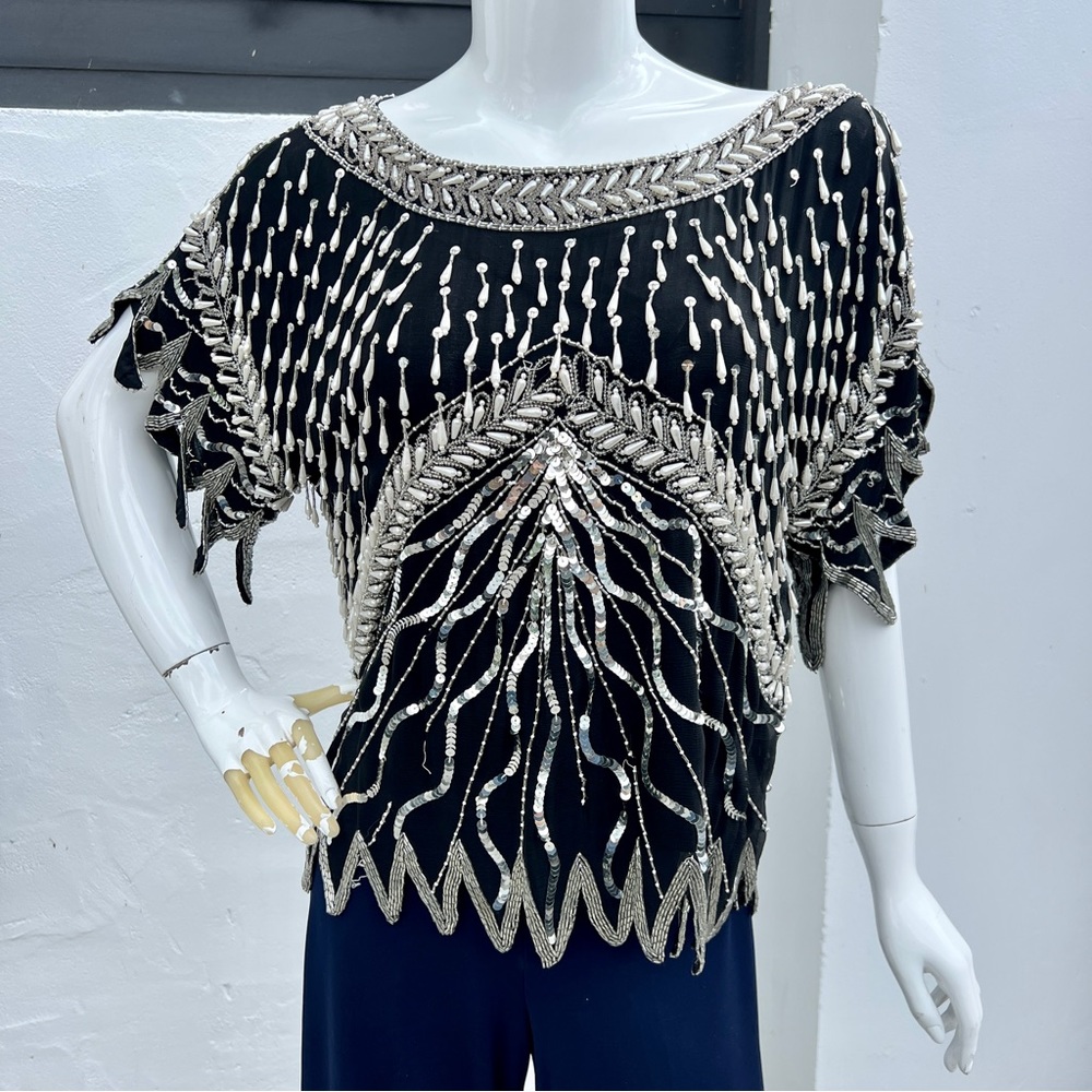 80s Pearlescent Beaded Black Silk Blouse